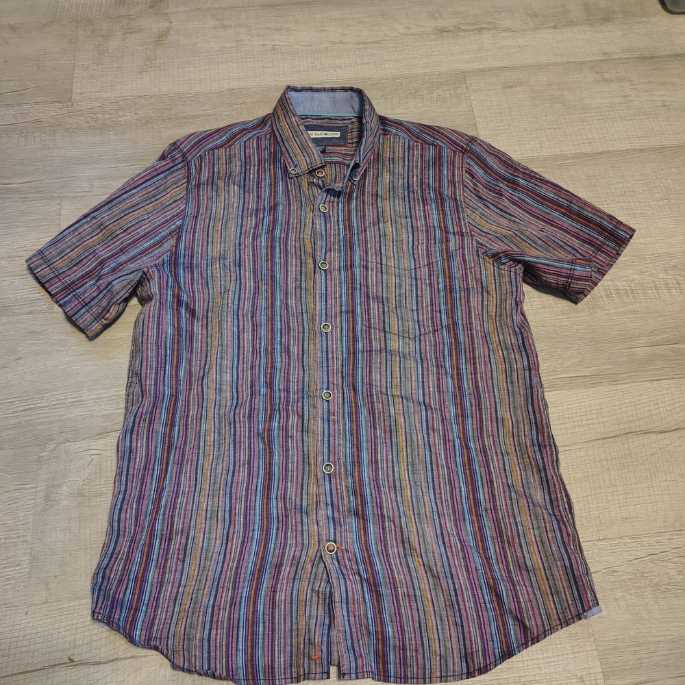 32 Bar Blues Mens Medium Multicolor Striped 100% Linen Short Sleeve Shirt Turkey